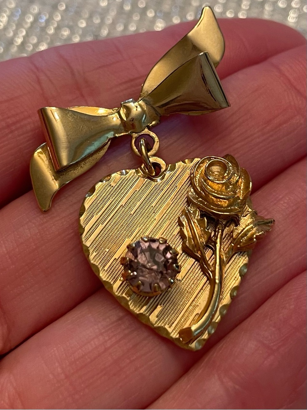 Vintage Gold-Tone Heart & Rose Bow Pendant Necklace - Gold with Pink Crystal